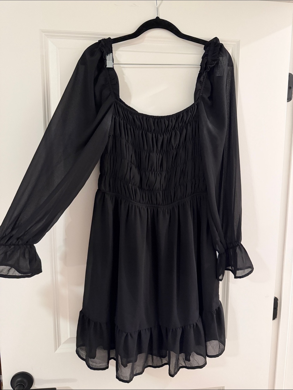 Black Smocked Long-Sleeve Mini Dress